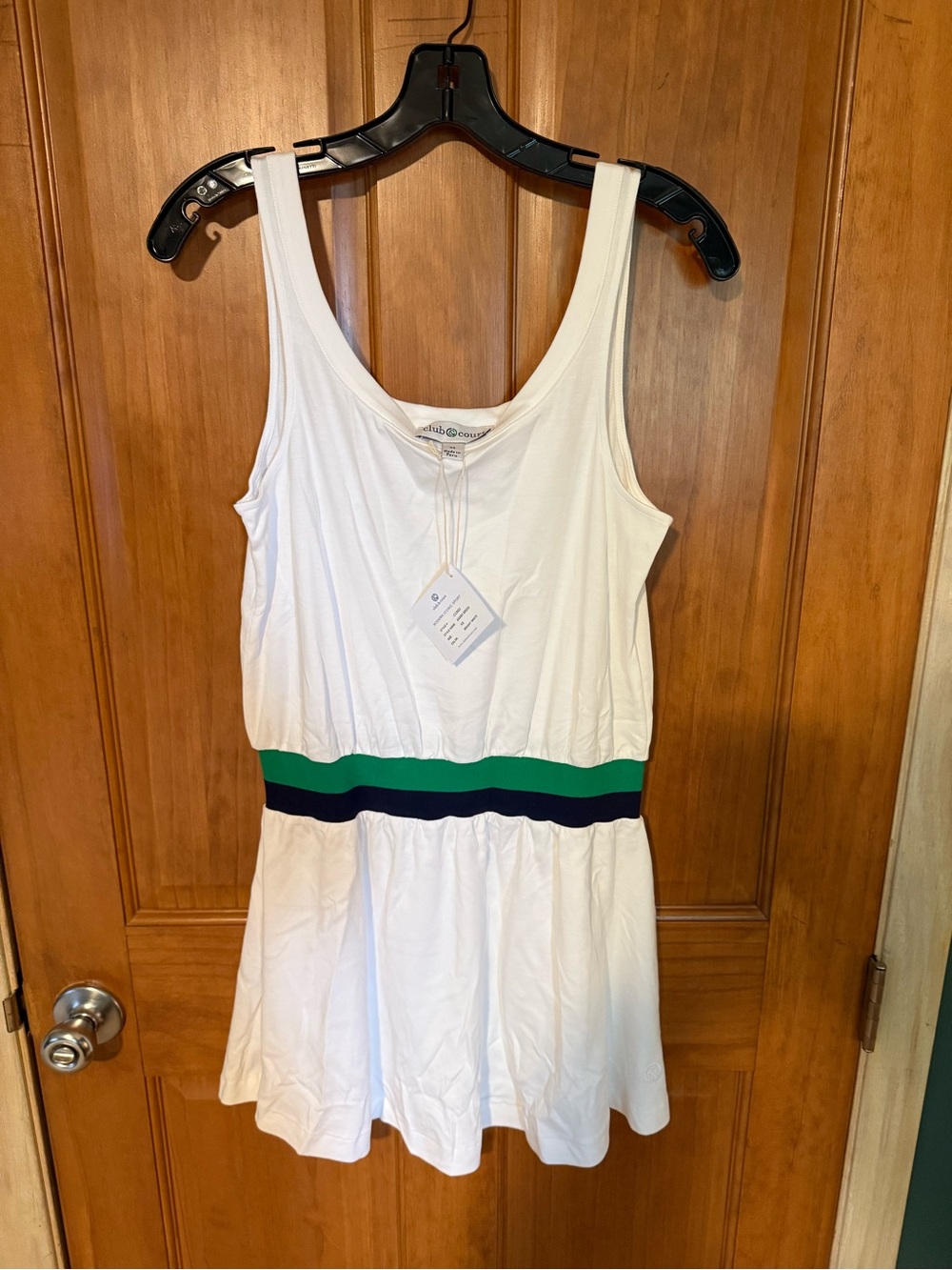 White Tank Dress with Green and Navy Waistband